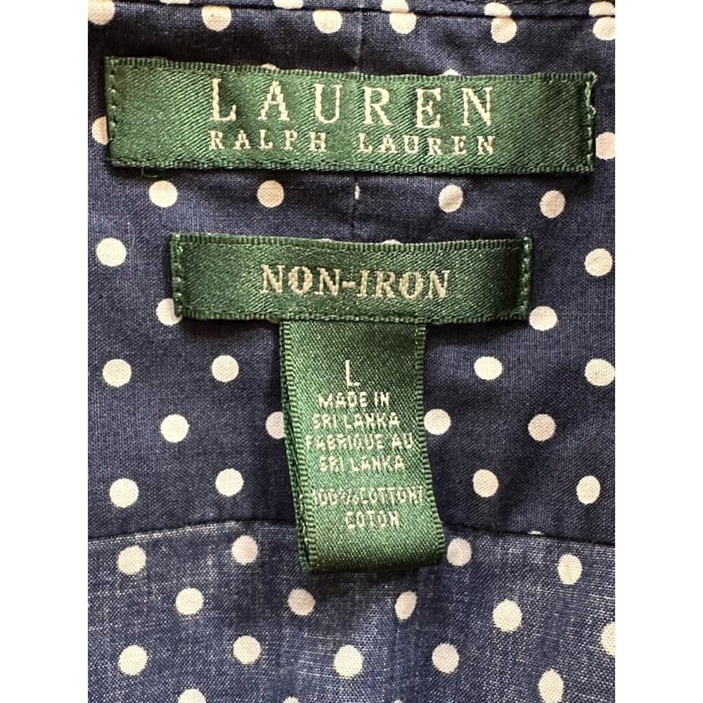 Ralph Lauren Non Iron Polka Dot Button Down Shirt Blue White 3/4 Sleeve LARGE - Picture 6 of 11